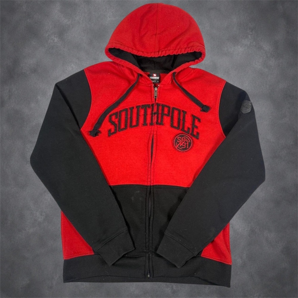 Southpole Full Zip Hoodie Mens Large Red Black Embroidered Y2K Streetwear Fit